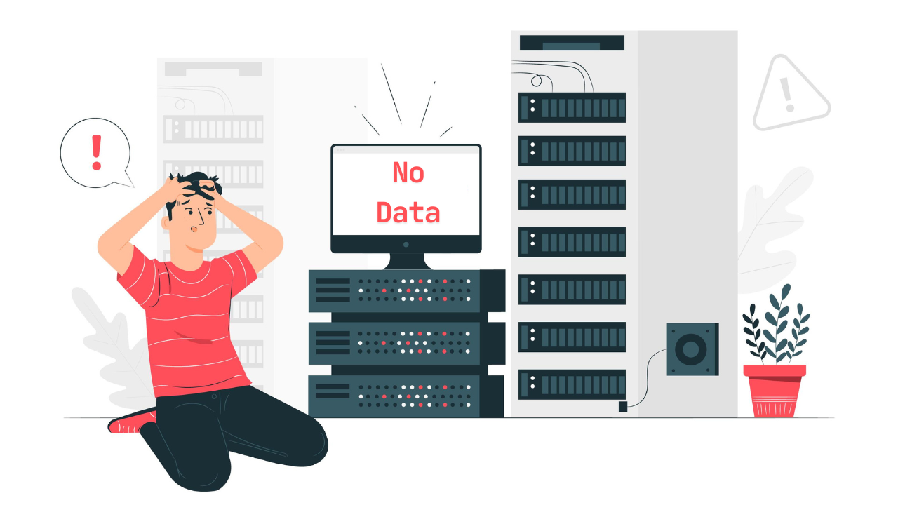 Server failure with 'No Data' error, symbolizing data loss.